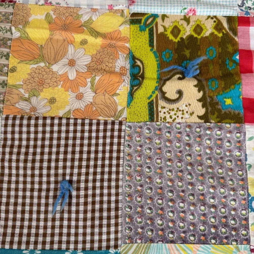 Handmade Vintage tied one-patch Quilt Throw Multicolor Blanket 83x72